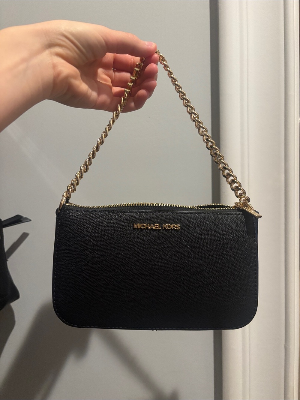 Michael Kors Black Mini Saffiano Chain Shoulder Bag with Gold Hardware